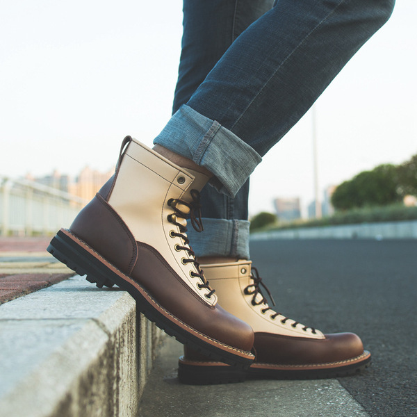 Rhubarb Boots Autumn and Winter Hand-stitched Leather Cowhide Martin Boots White Shoes Assembled Leather Workwear Boots Men's Boots