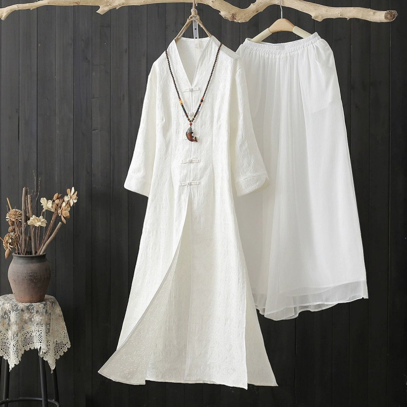 Zen Clothing for Women, Chinese Style Two-Piece Summer Improved Han Dynasty Jacquard Cotton Dress Suit, Literary Retro Tea Suit Top