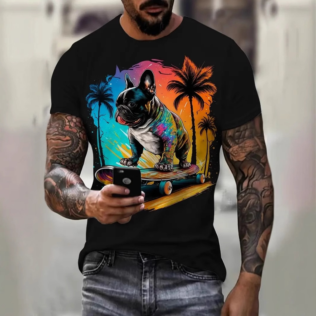 Playa Colorful Graffiti Skateboarding Dog 3D Printed Hombres Street Fashion Amplio hombro recto manga corta cuello redondo camiseta