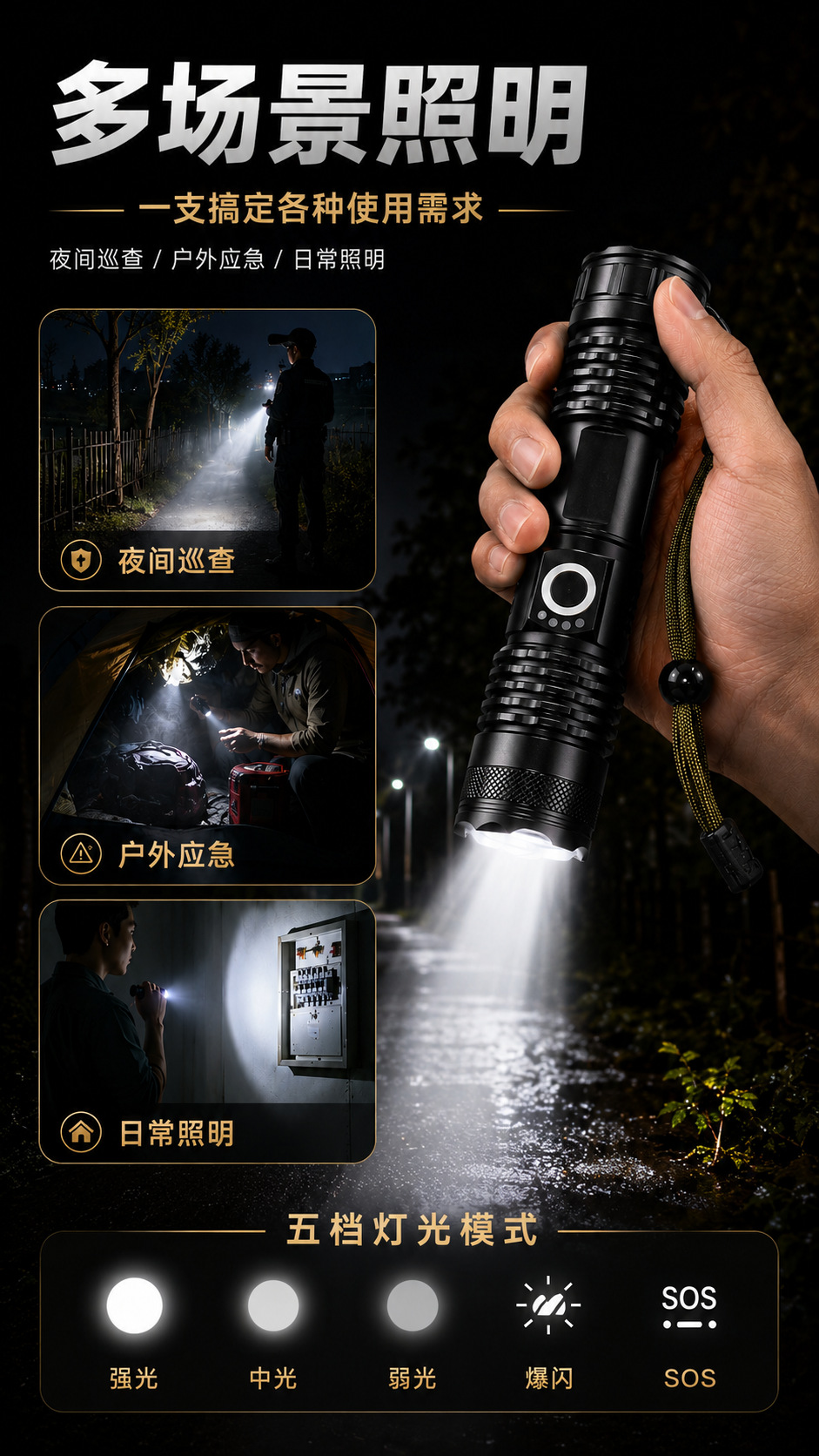 T8 flashlight with zoom, power display, USB charging, outdoor lighting, long-range, five lighting modes, aluminum body flashlight