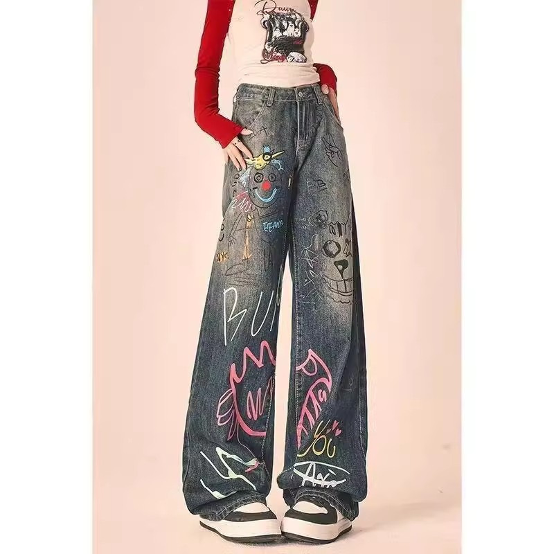 Hand-Painted Graffiti Jeans Men's Spring and Summer Straight-Leg Handsome High-End Pants American High Street Vibe Bootcut Pants