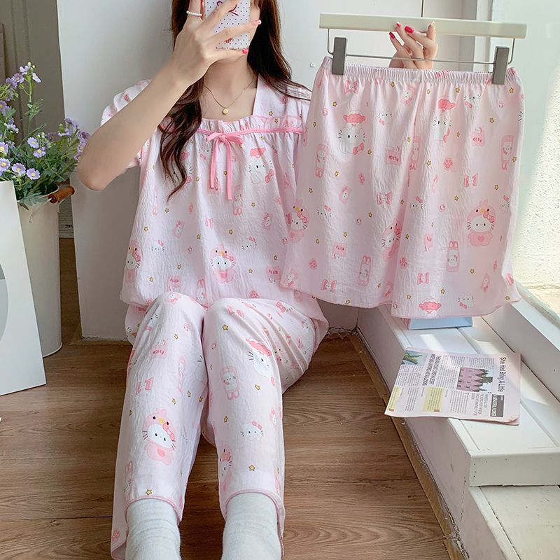 Hellokitty verano nuevo estilo doble pantalones cortos pijamas de tres piezas nube mujer algodón transpirable cuello cuadrado dulce y fresco