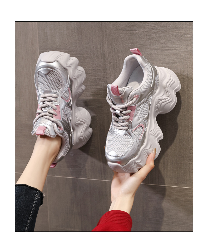 Giày thể thao nữ đế dày tăng chiều cao lưới thoáng khí phong cách dad sneaker — Màu be chi tiết 17