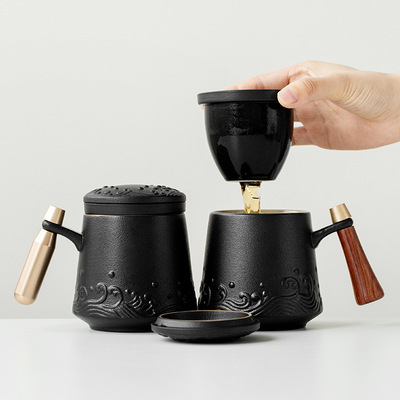 黑陶马克杯茶水分离水杯木柄创意办公过滤陶瓷带盖泡茶杯礼品logo