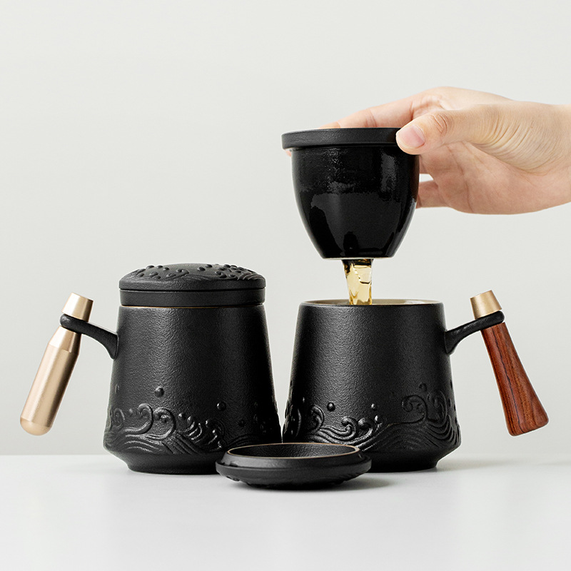 黑陶马克杯茶水分离水杯木柄创意办公过滤陶瓷带盖泡茶杯礼品logo