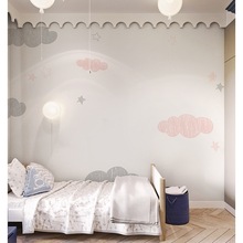 云朵女孩墙纸无纺布卡通儿童房墙布公主房壁纸幼儿园壁画无缝