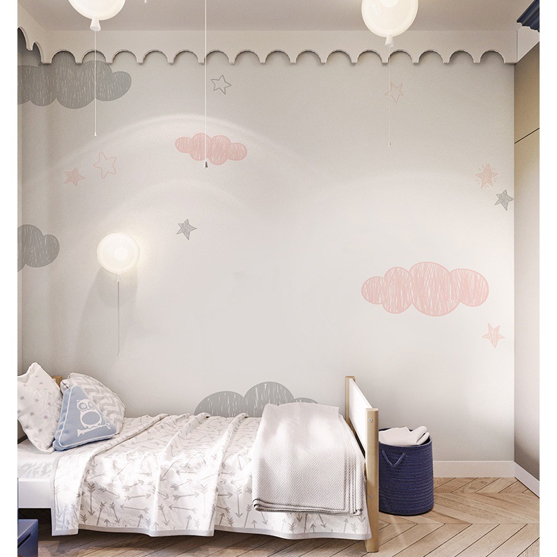 云朵女孩墙纸无纺布卡通儿童房墙布公主房壁纸幼儿园壁画无缝
