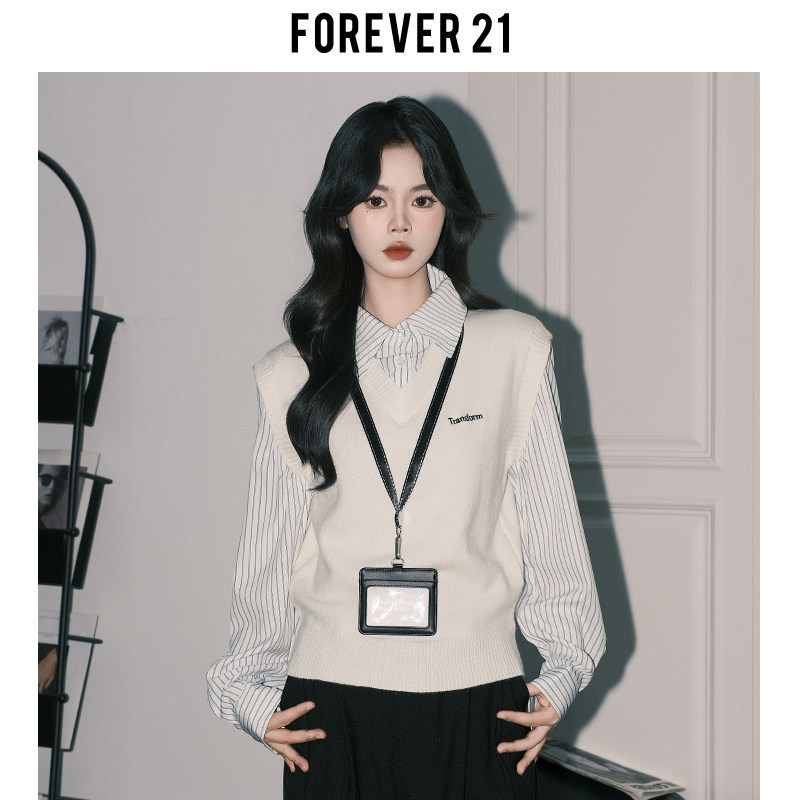 Forever 21 Korean-Style Polo Collar Faux Two-Piece Shirt Top for Women, Spring Season, Apricot Color, Layered Vest Knit Sweater Forever 21 Korean-Style Polo Collar Faux Two-Piece Shirt Top for Women, Spring Season, Apricot Color, Layered Vest Knit Sweater