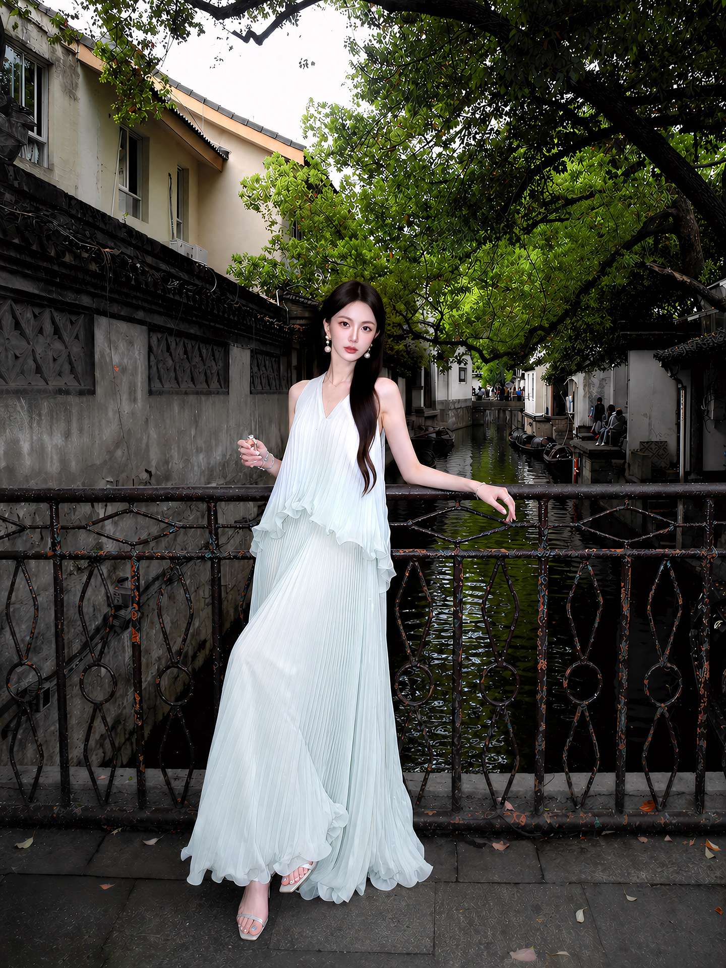 Đầm maxi nữ thắt eo voan mỏng phong cách Tân Trung Hoa mùa hè — bạc hà xanh