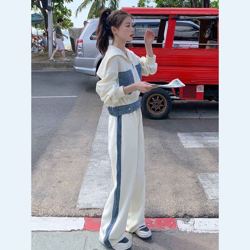 白色牛仔拼接休闲运动套装女春秋2025新款两件套流行减龄学院风|undefined