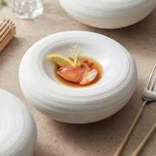 线纹陶瓷盘子家用菜盘创意双层保温盘白色浓汤盘商用圆形盘意境菜
