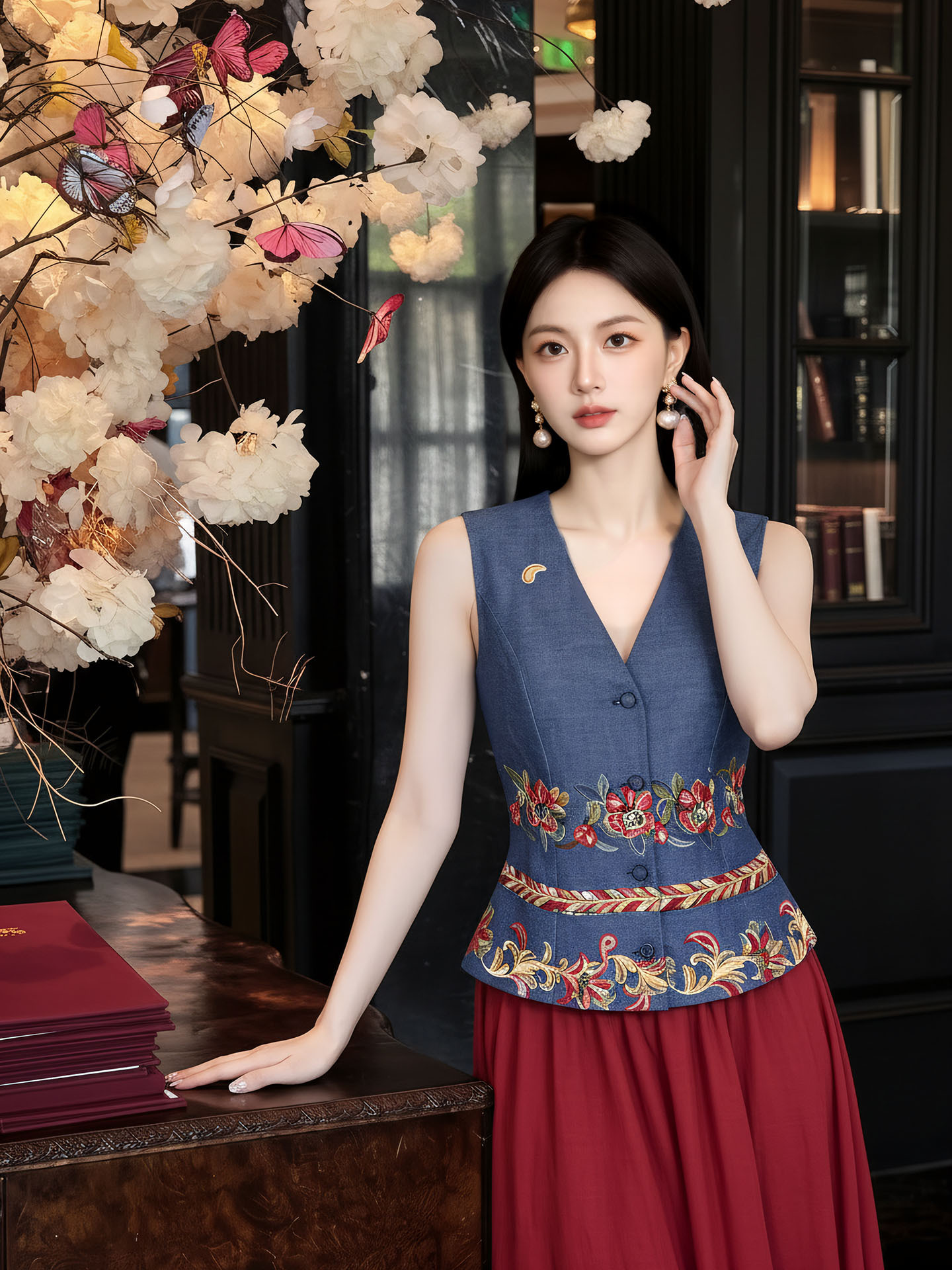 Bộ áo gile không tay và chân váy đỏ thêu hoa tân cổ điển — bộ đồ, nửa váy, Trang chủ