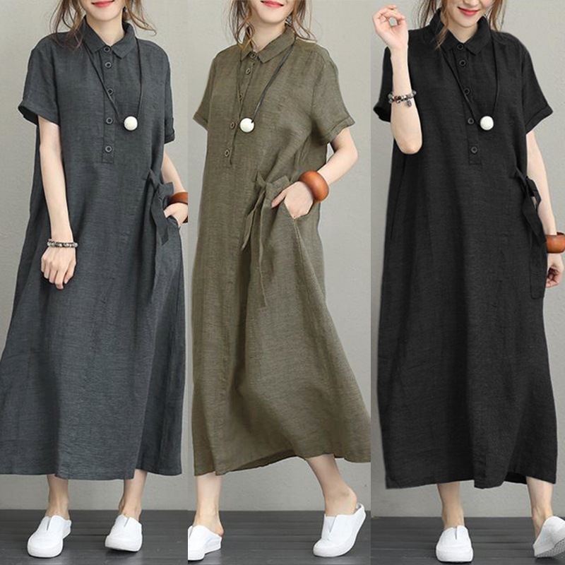 Cross-border new POLO collar cotton linen lapel short sleeve loose pocket temperament women's casual dress black
