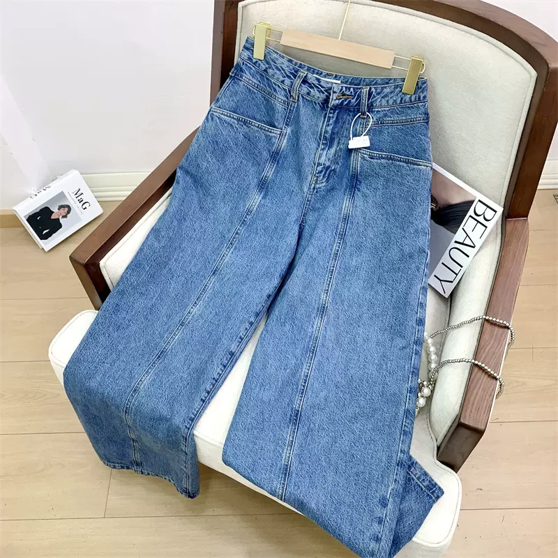 现货insi牛仔全衣橱环保天丝分割弧形蓝秋新品阔腿牛仔裤女轻奢高