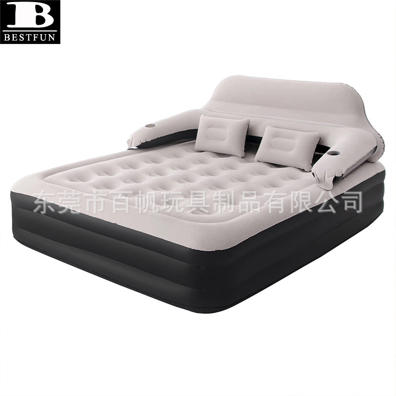 Queen Size Double Inflatable Heightening Mattress Thickened Flocking Factory Customized Portable Air Bed with Backrest