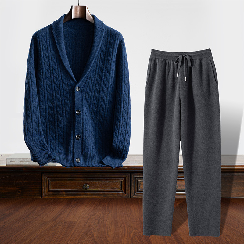 Cashmere Two-Piece Set 2025 Autumn and Winter New Men's V Neck Thickeneded Jacquard High Waist Straight Casual Knitwear Set