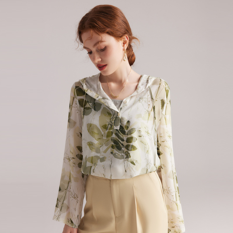 Hooded Silk Sun Protection Clothing Spring And Summer Style Printed Micro-transparent Suspenders Hooded Mulberry Silk Sun Protection Lining Shirt