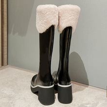 冬季棉靴新品牛皮粗高跟長靴女冬加絨長筒靴高筒騎士靴東北雪地靴