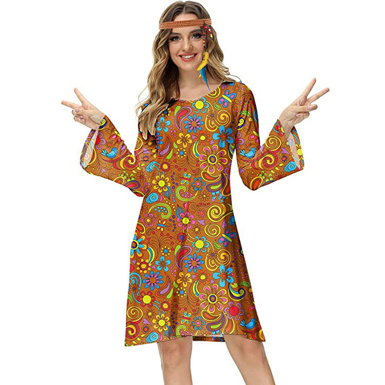 Cross-border Halloween Hippie Costume Printed Elastic Dress 2023 European and American Women's Autumn New Fashion Skirt