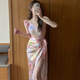 泰国东南亚风连体泳衣长裙两件套优雅时尚单肩大花性感显瘦游泳衣