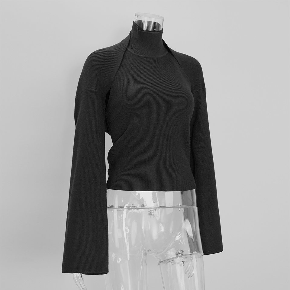 Bộ hai món áo len cổ cao trễ vai kèm áo cardigan dáng ôm, tay loe — Màu trắng, màu đen, màu đỏ chi tiết 26