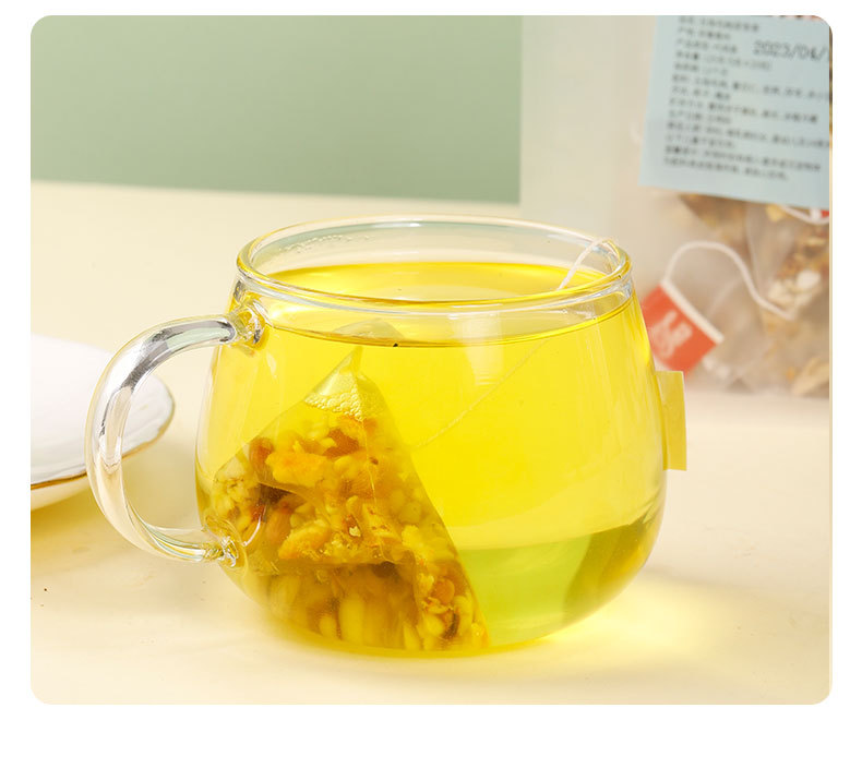 Wuzhi Maotao Fuling Tea Triangle Tea Bags 100 Count Hairy Fig Poria Coix Herbal Infusion in use