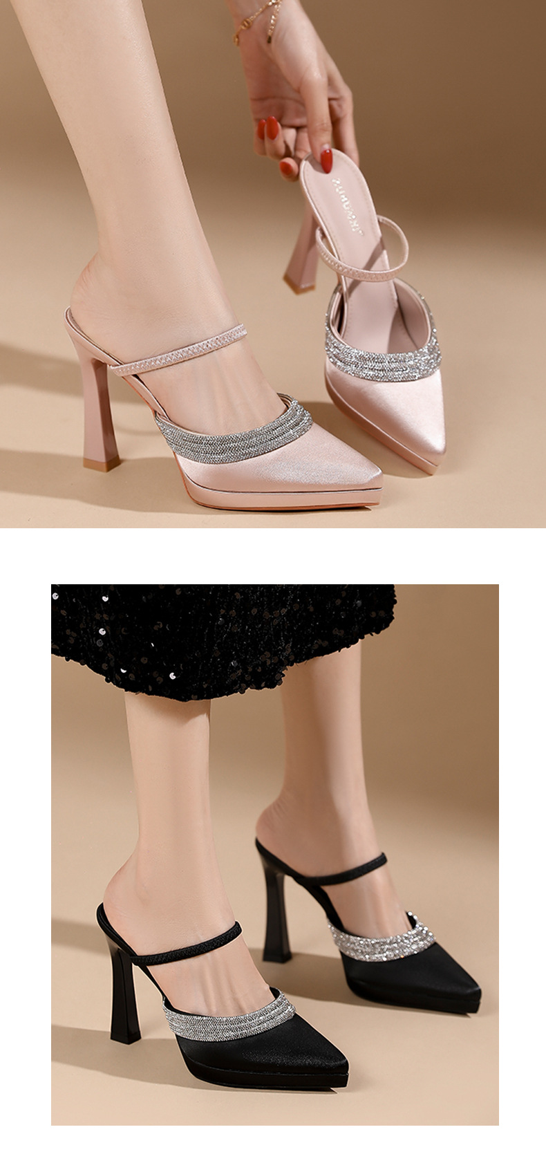 Sandal cao gót nữ mũi nhọn đính đá, quai một dây ngang, đế platform, gót nhọn 10 cm — Champagne-10cm chi tiết 6
