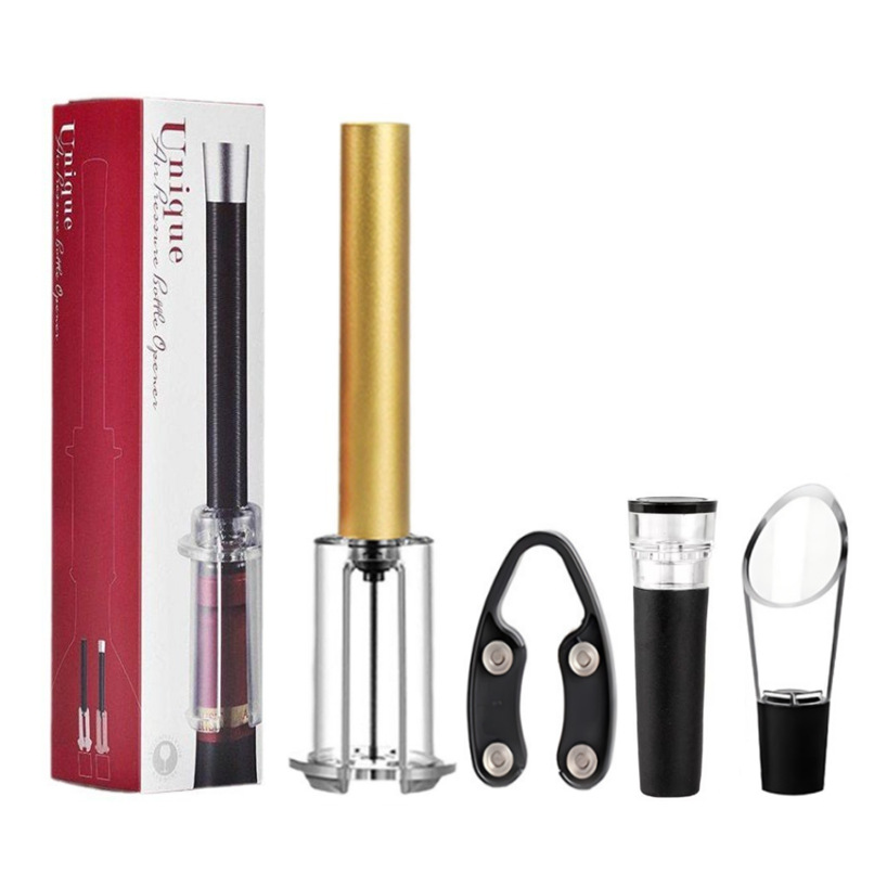 Caja de color: abrebotellas de aire ABS dorado, juego de cuatro piezas con tapón de vino