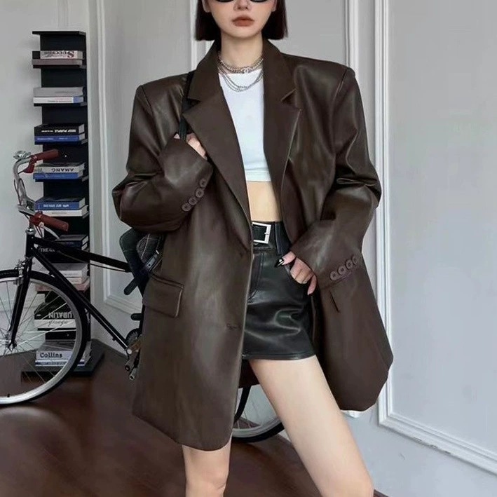 2025 весенне-осенний силуэт наплечный костюм ПУ кожаная одежда средняя длинная повседневная куртка локомотив дикий черный костюм Другие