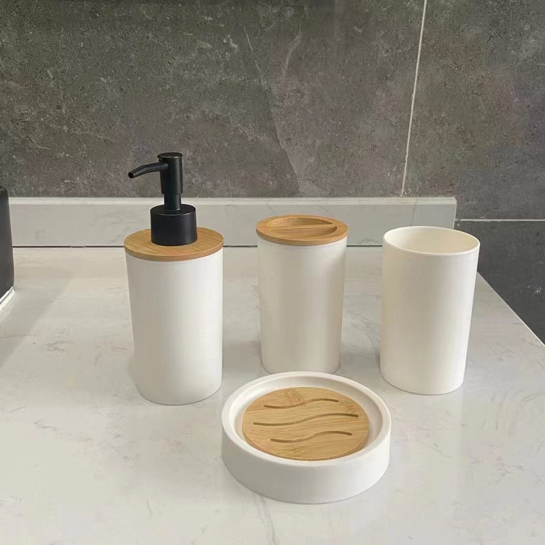 Juego de baño, juego de baño de 4 piezas, juego de baño con tapa de bambú, juego de rebanadas de bambú para baño, dispensador de jabón, soporte para cepillos de dientes, baño.