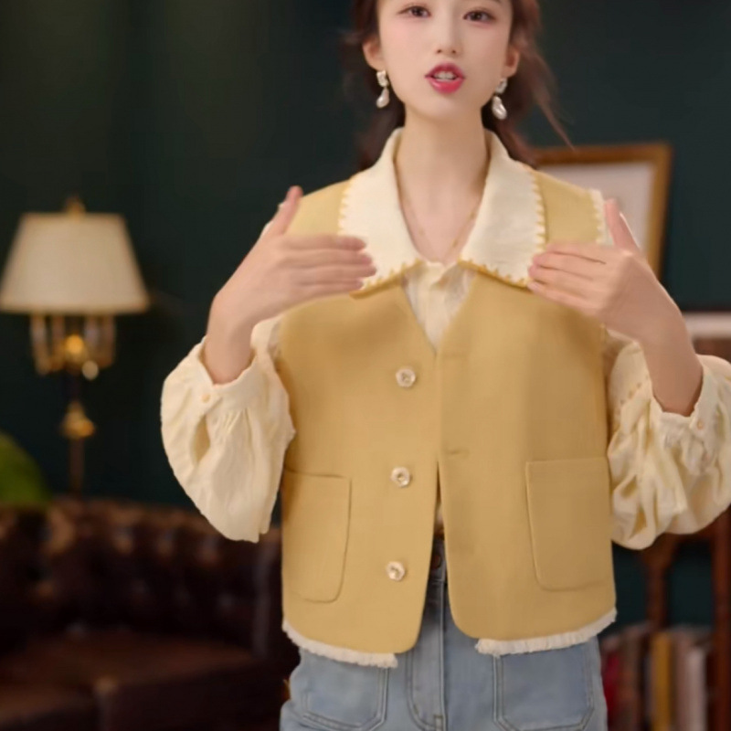 秋野雏菊欧若风长袖衬衫女时尚休闲宽松上衣+马甲|undefined