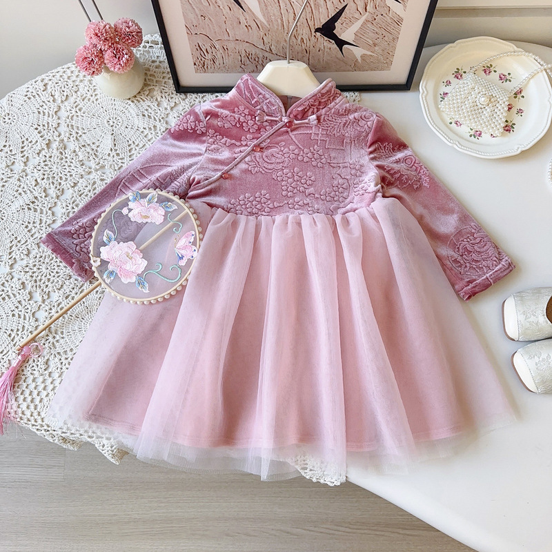 女童国风连衣裙冬季新款女宝宝新中式汉服长袖网纱连衣裙AWB002|undefined