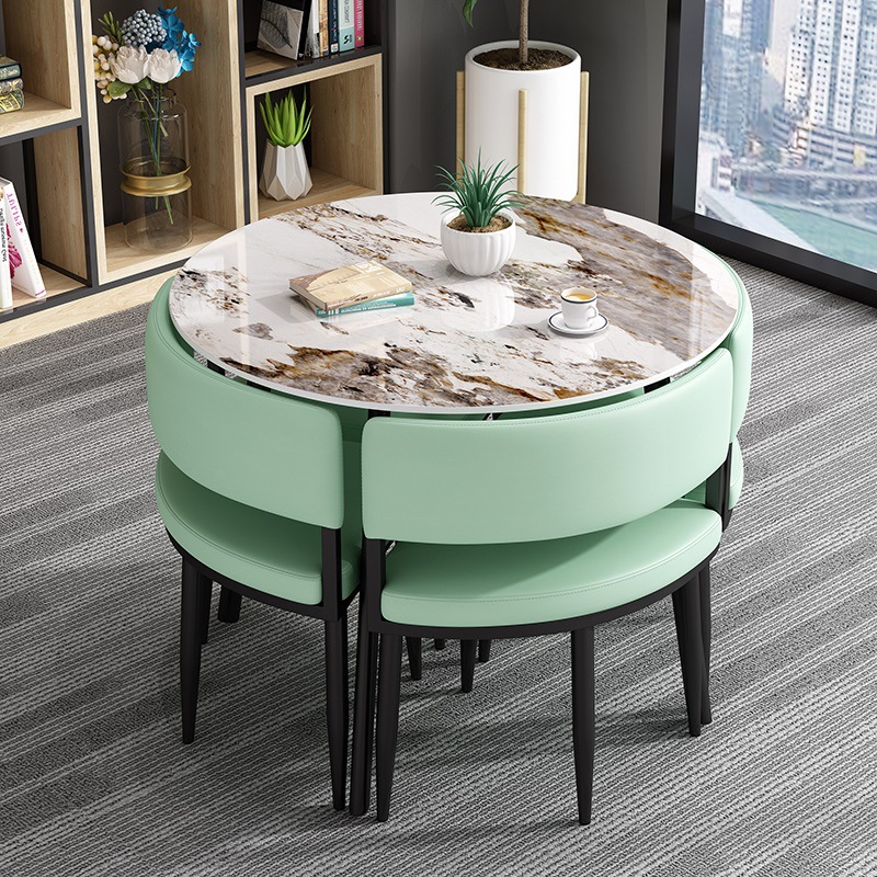 이탈리안 슬레이트 80cm 원형 테이블 - 청록색 테이블과 의자 4개