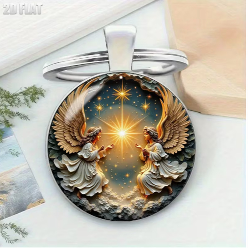 European and American Cross-Border New Style Angel Starry Sky Pattern Round Glass Alloy Keychain Pendant Fashion Accessories Wholesale European and American Cross-Border New Style Angel Starry Sky Pattern Round Glass Alloy Keychain Pendant Fashion Accessories Wholesale