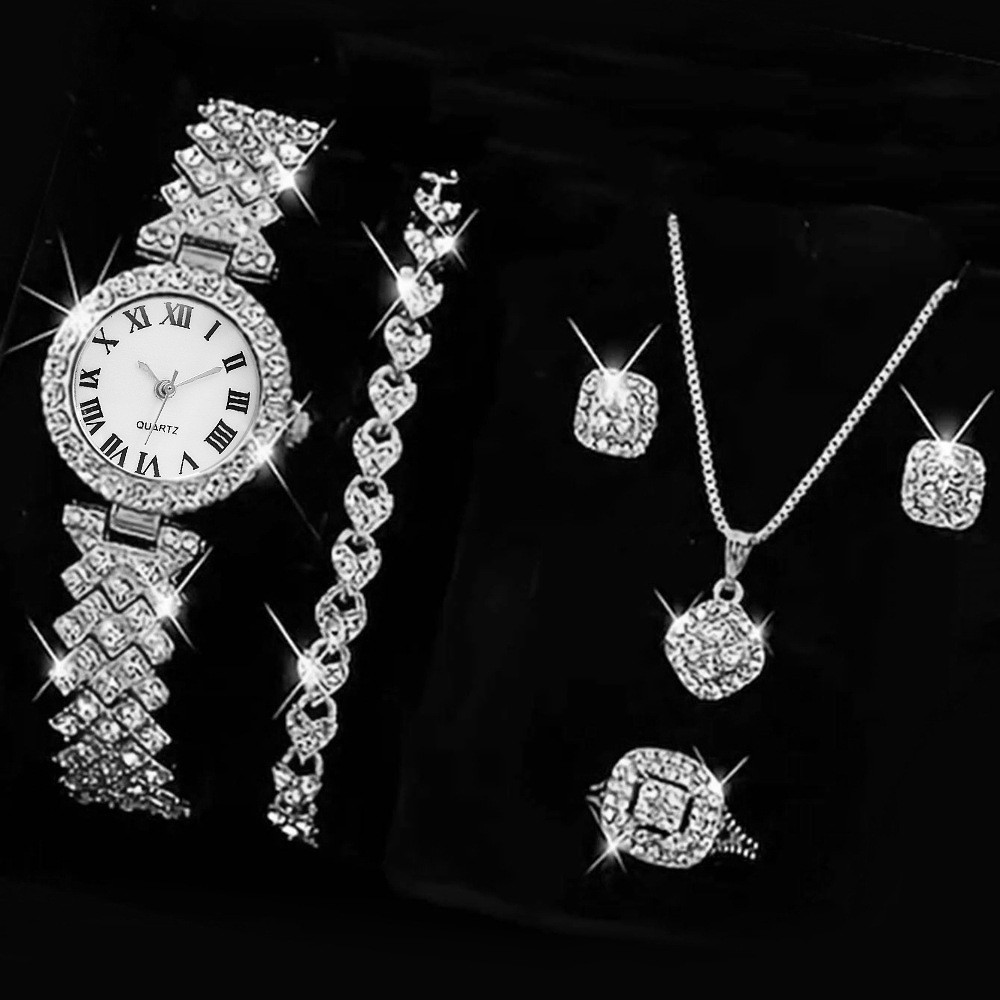 Silver single watch + bracelet + diamond accessories