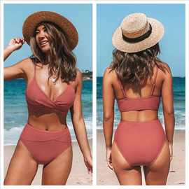 跨境新款欧美女士分体泳衣纯色高腰家交叉速卖通性感比基尼bikini