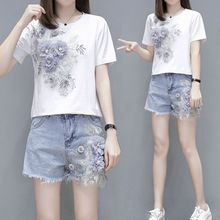 欧洲站夏季休闲时尚潮流牛仔裤搭配套装女立体花朵恤两件套减龄