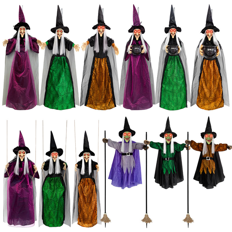 In-Stock Custom Sound-Activated Broom Witch with Glowing Scream, Escape Room Horror Hanging Ghost Witch Halloween Props