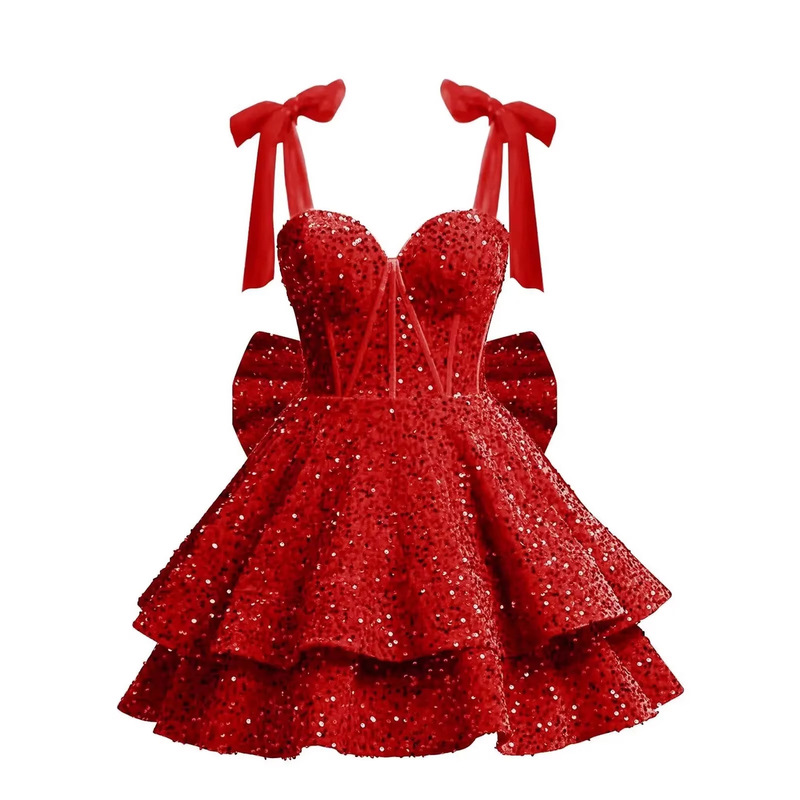 Shiny Sequin Homecoming Dress with Bow, Short Corset, Formal Cocktail Sweetheart Birthday Coming-Of-Age Ceremony
