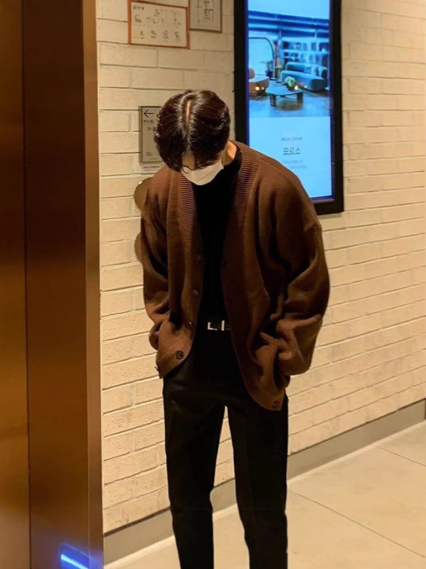 韩系深V领针织开衫男美式复古宽松卫衣外套包芯纱羊毛衫排扣夹克|undefined