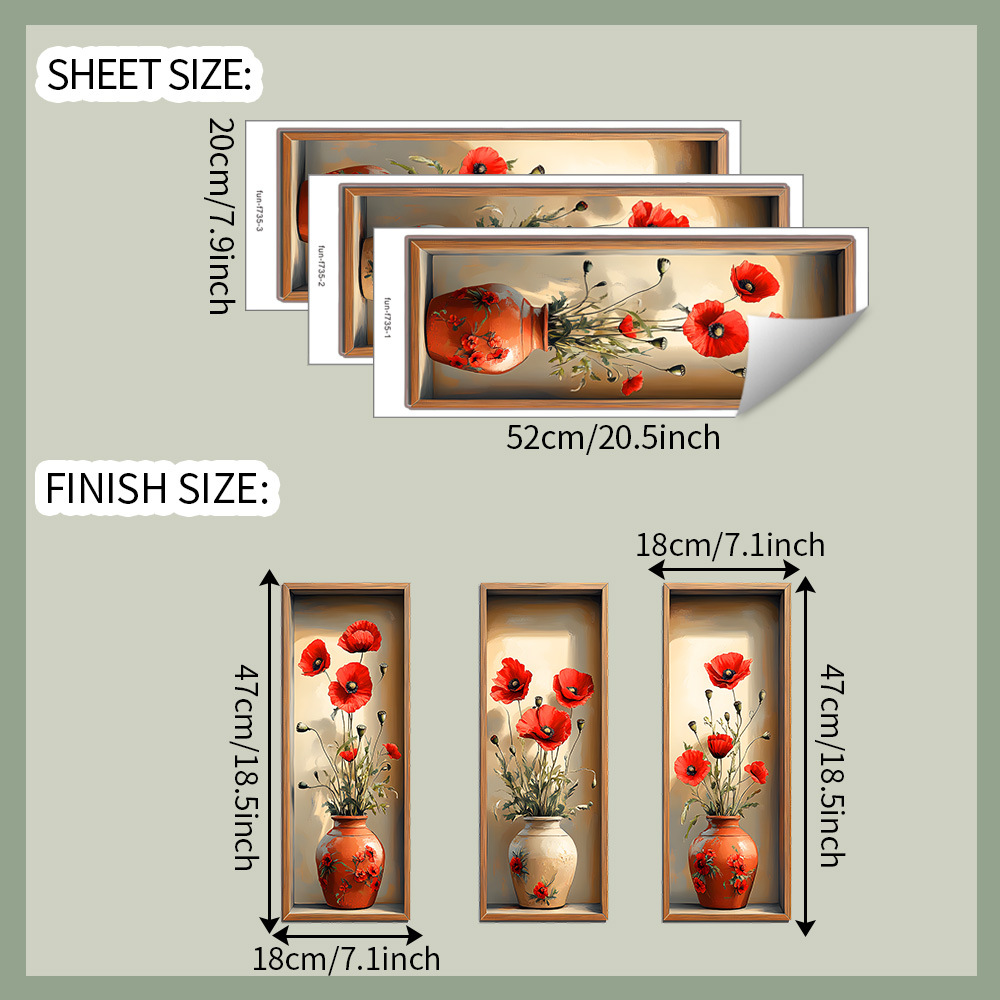 fun-f735 Kreative 3D-Mohnblumenvase als selbstklebender Wandaufkleber für Schlafzimmer, Wohnzimmer oder andere Wohnräume_voghion.com