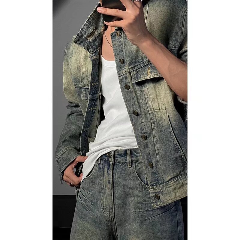 American Retro Washed Vintage Denim Set for Men, Trendy Brand Ins Style, Cool Short Jacket and Denim Long Pants American Retro Washed Vintage Denim Set for Men, Trendy Brand Ins Style, Cool Short Jacket and Denim Long Pants