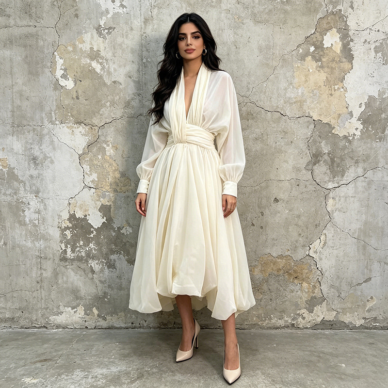 Gentle and Sweet Style Long Dress 2026 New Model Deep V-Neck Lantern Long Sleeves Cross-Tie Waist Cinching Flared Skirt