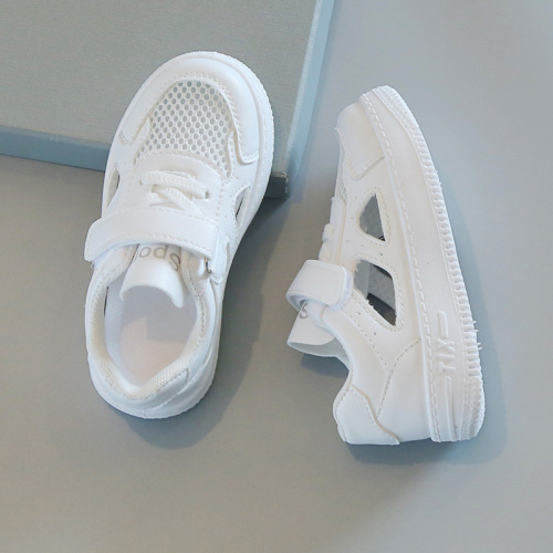 Children's white sneakers 2025 summer boys' sports shoes breathable mesh shoes with holes girls' casual board shoes soft bottom baby shoes