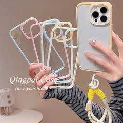ins シンプルな透明なソリッドカラーのボーダー ストラップ付き 15pro Apple 16promax 携帯電話ケース iphone13 に適しています