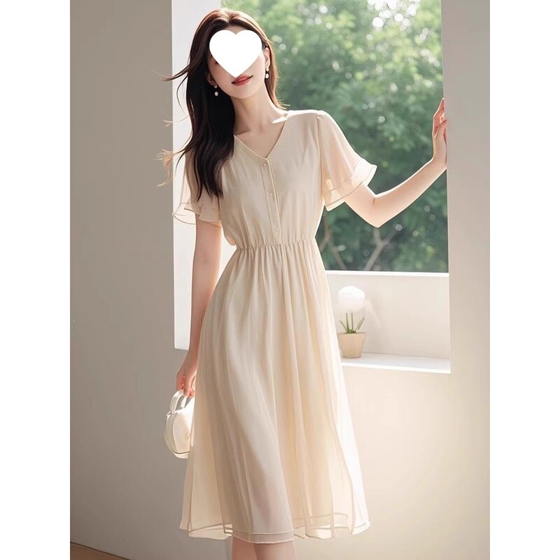 2026 Summer New Simple and Elegant French-Style Short-Sleeve Chiffon Dress, Minimalist Solid Color Mid-Length Dress 2026 Summer New Simple and Elegant French-Style Short-Sleeve Chiffon Dress, Minimalist Solid Color Mid-Length Dress