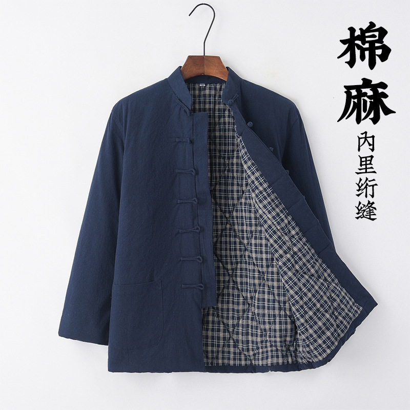 Invierno de mediana edad y ancianos traje de espiga chaqueta acolchada de algodón estilo chino de los hombres forrada de lana engrosada retro de algodón de lino chaqueta acolchada de algodón estilo chino chaqueta acolchada de algodón juvenil