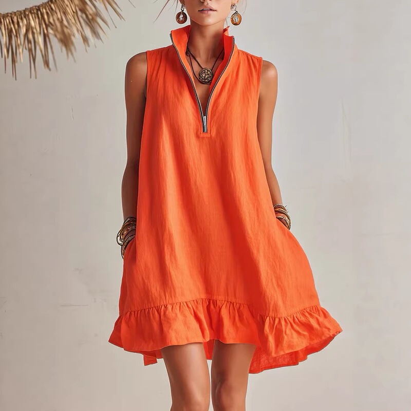 Cotton-linen Amazon solid color new product 2026 V-neck sleeveless European and American summer cross-border spring-summer vacation dress