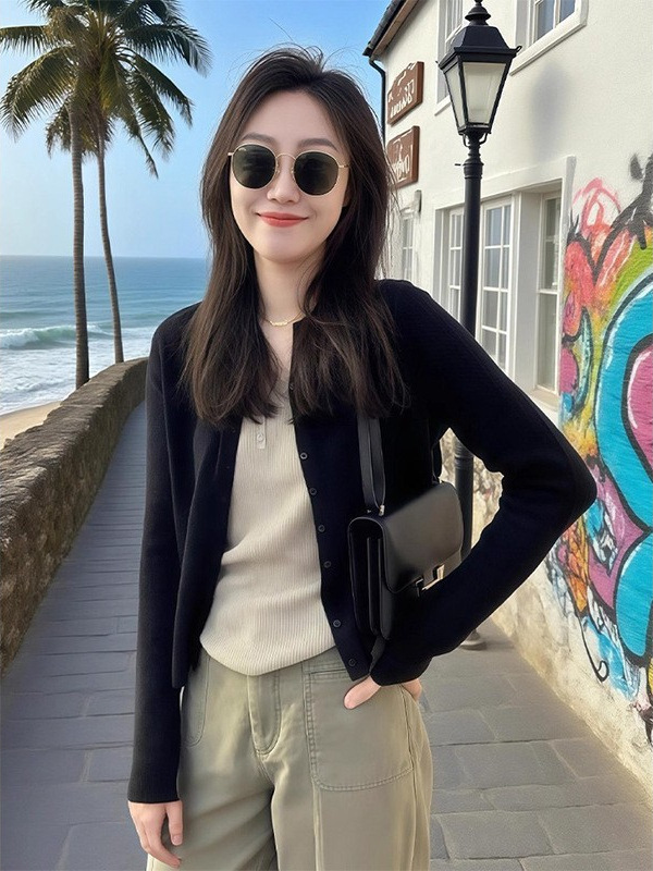黑色小香风防晒针织开衫女夏季薄款配吊带外搭空调小罩衫针织衫|undefined