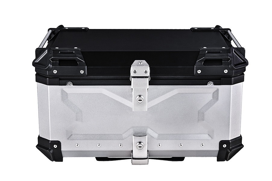 Caja de almacenamiento de alta capacidad de aleación de aluminio, locomotora de almacenamiento de camping, 100L plateado / negro, maletero de motocicleta